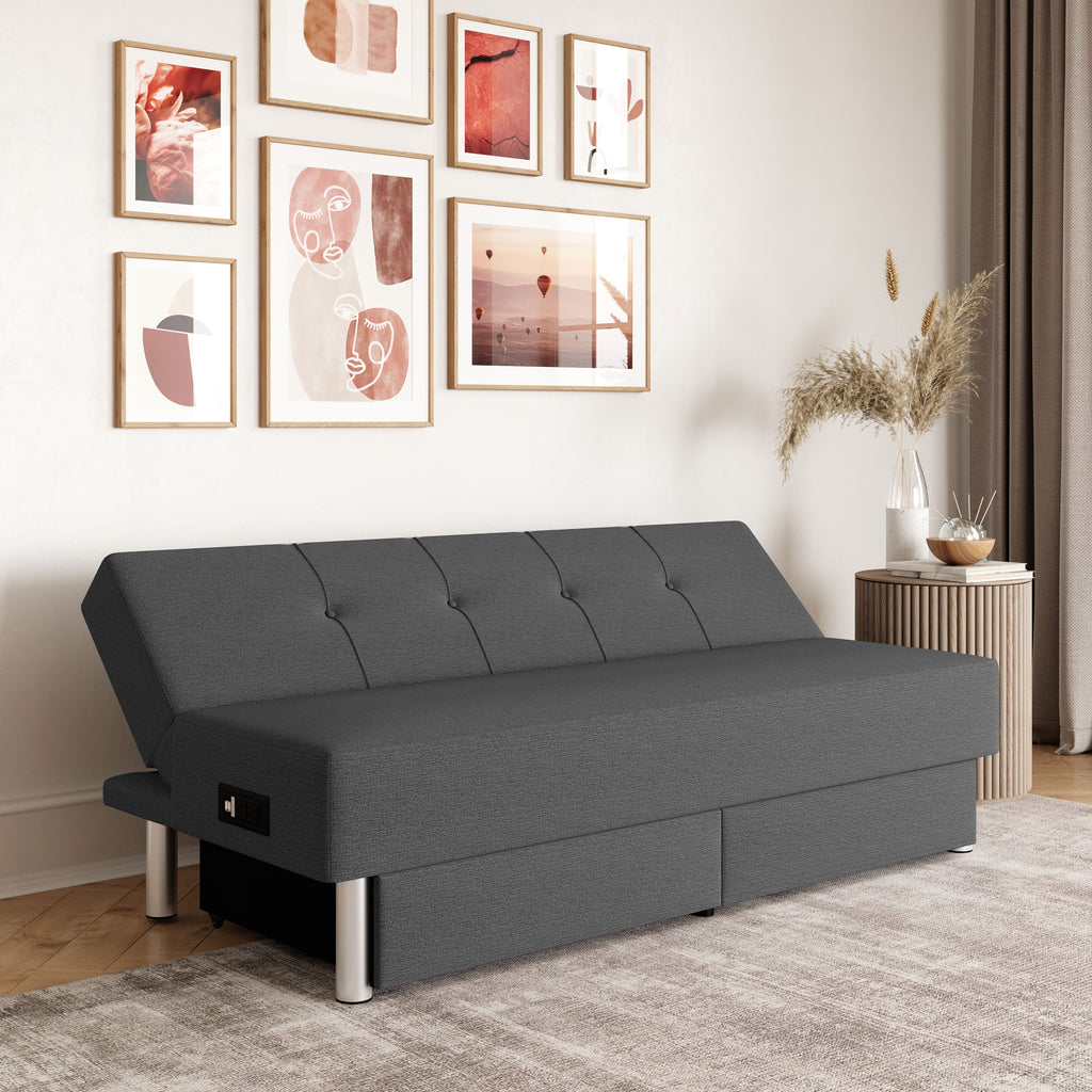 Gray Fabric Futon with Storage and Power E40535