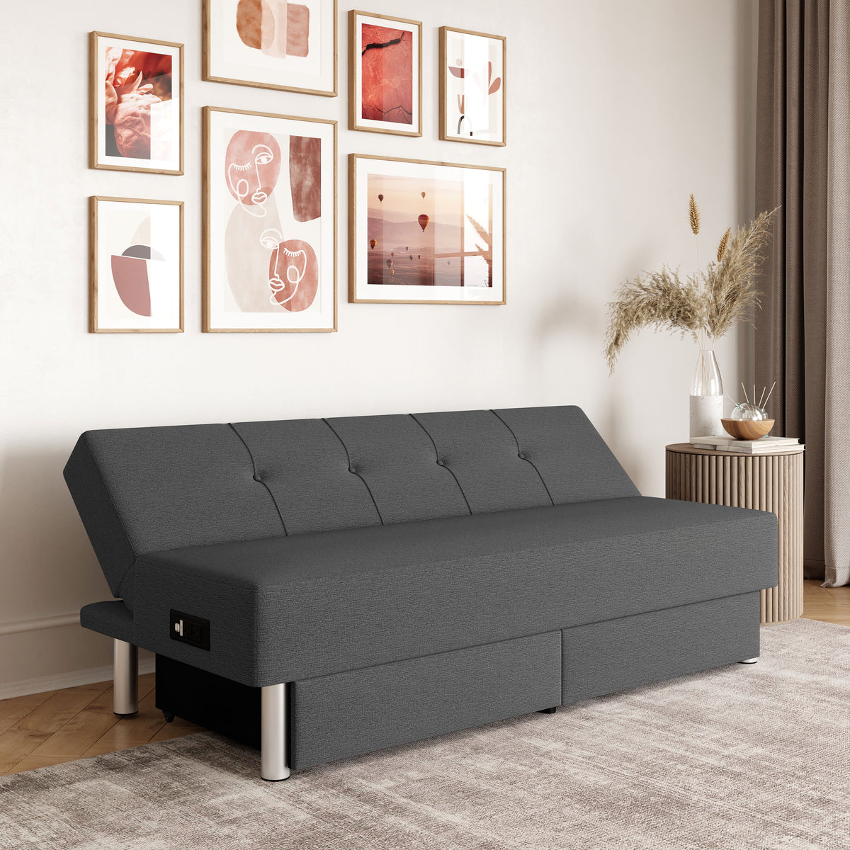 Gray Fabric Futon with Storage and Power E40535
