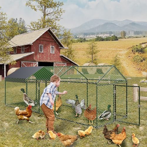 Metal Chicken Coop with Waterproof Cover, 120" x40" x40" Large Chicken Run with 3 Doors, Silver Z41843