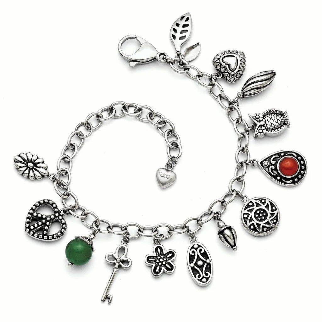 Stainless Steel Synthetic Jade & Red Glass Charm Bracelet Q5258