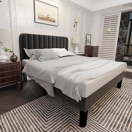 Queen Size Platform Bed Frame with Headboard Grey E172