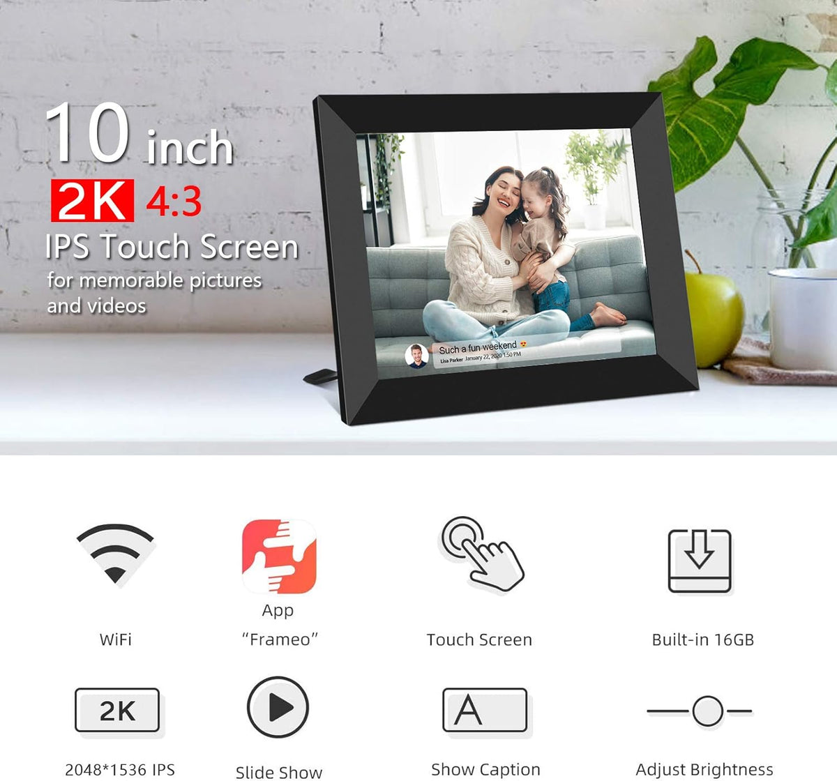 10 Inch Smart WiFi Digital Photo Frame 2K IPS LCD Touch Screen 16GB Storage W110319