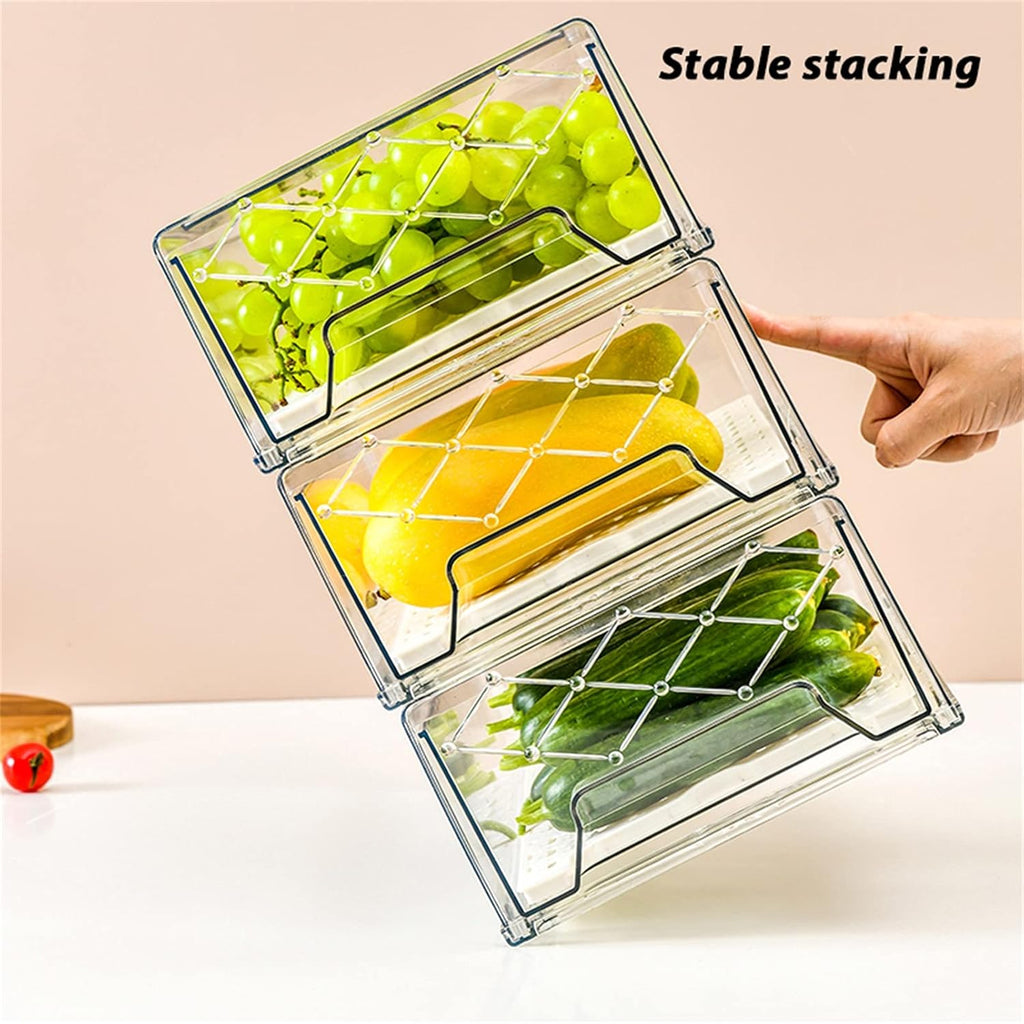 Plastic Stackable Fridge Organizer Bins with Removable Drain Tray, 2 Pack Y1597