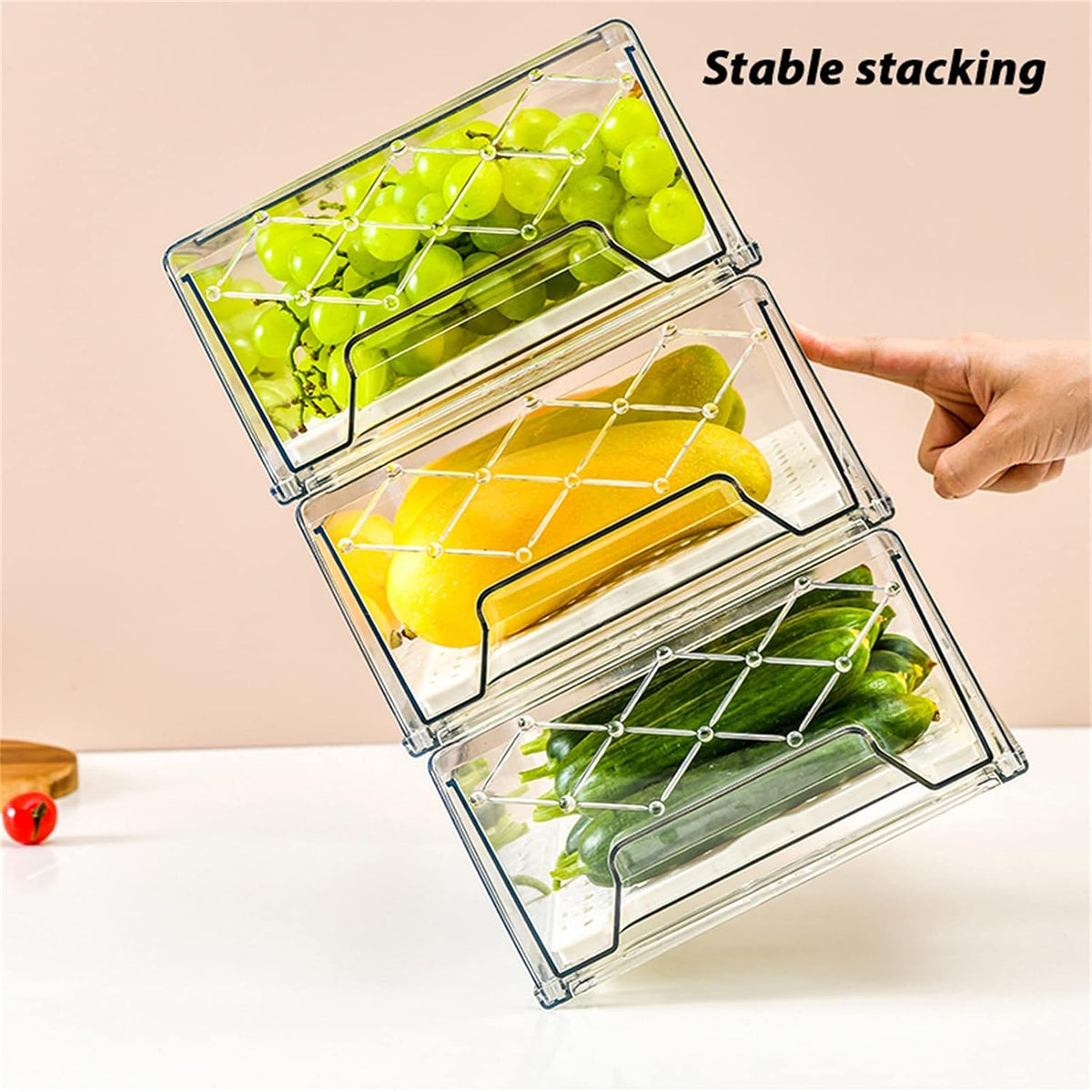 Plastic Stackable Fridge Organizer Bins with Removable Drain Tray, 2 Pack Y1597