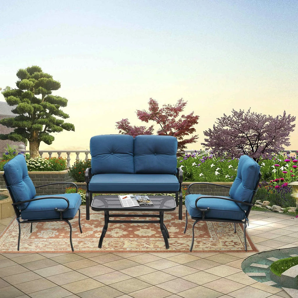 4-Piece Outdoor Furniture Conversation Set with Peacock Blue Cushions Q53515