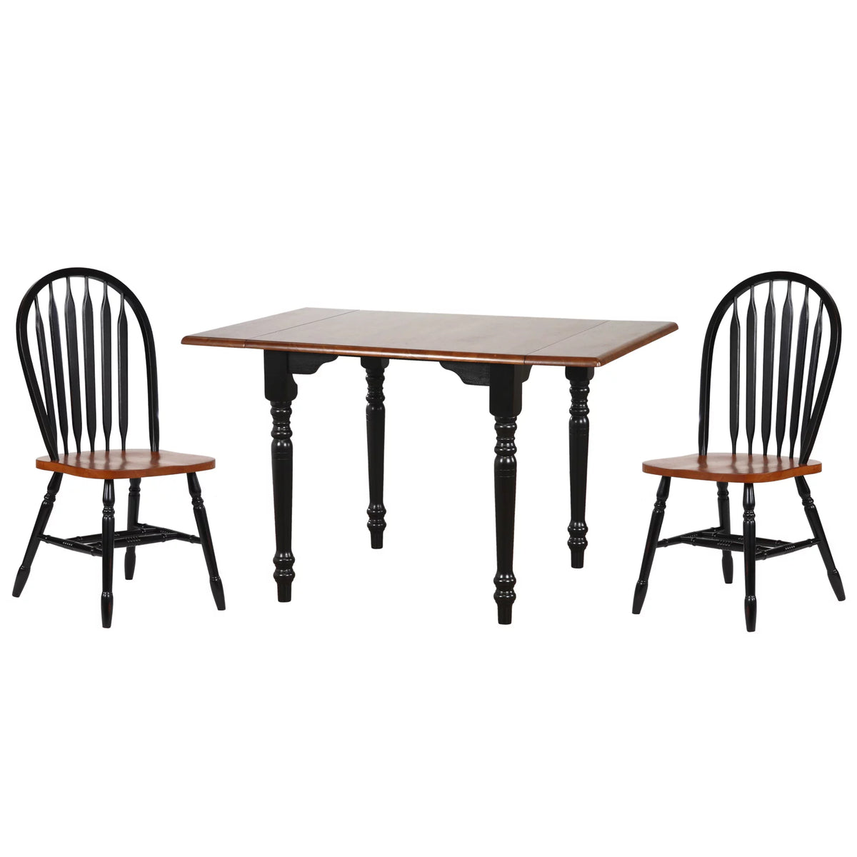 3-Piece Solid Wood Top Distressed Antique Black with Cherry Dining Table Set with Extendable Drop Leaf and Windsor Arrowback Chairs with Cherry Seat B10387