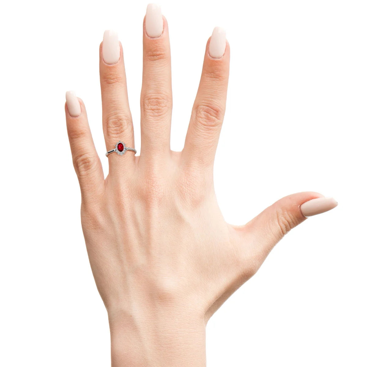 Oval Shape Created Ruby and Halo Diamond Ring In Sterling Silver S9130