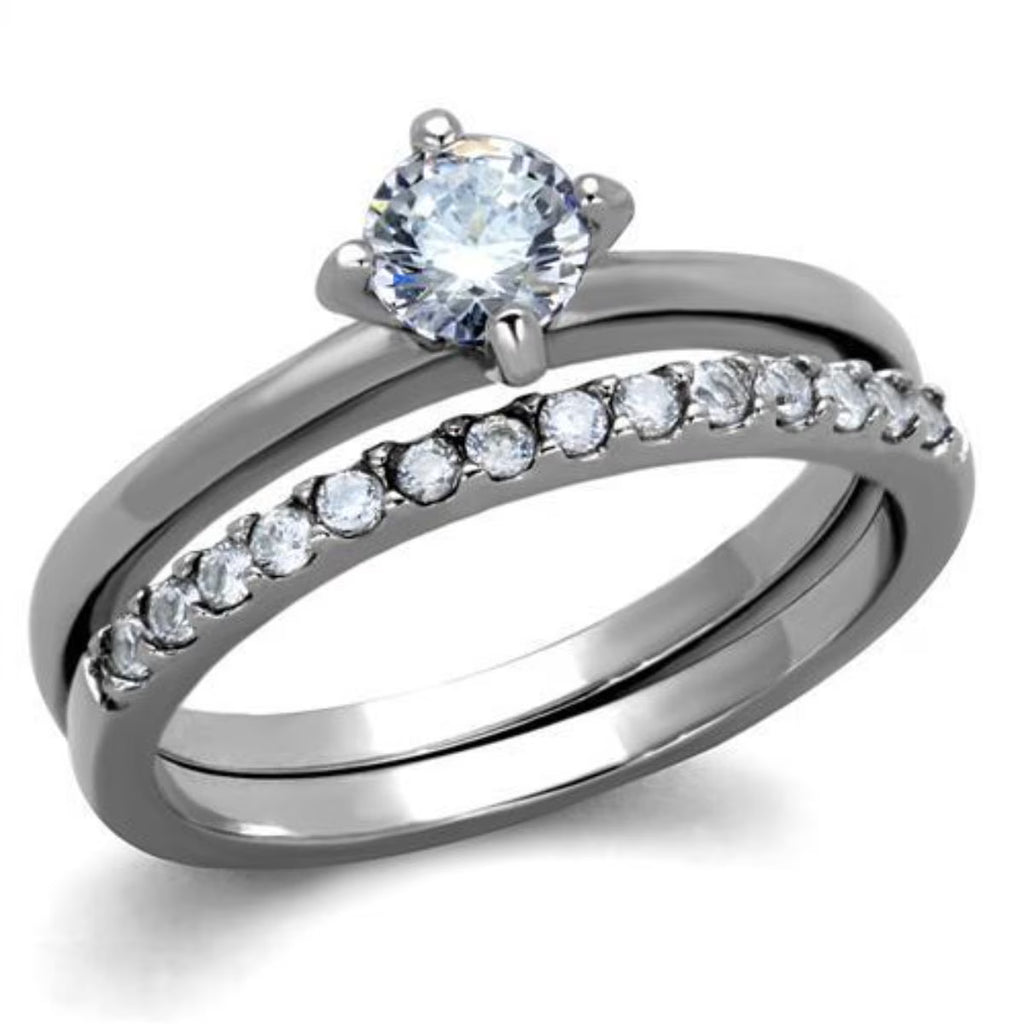 2-Piece Stainless Steel Wedding Ring Set with Round Cubic Zirconia Q32990