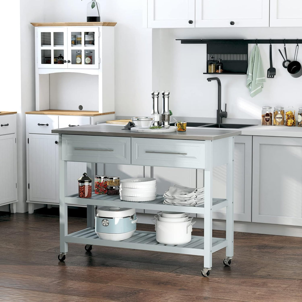 Grey Stainless Steel Top Rolling Utility Cart with Drawers and Shelves T55138