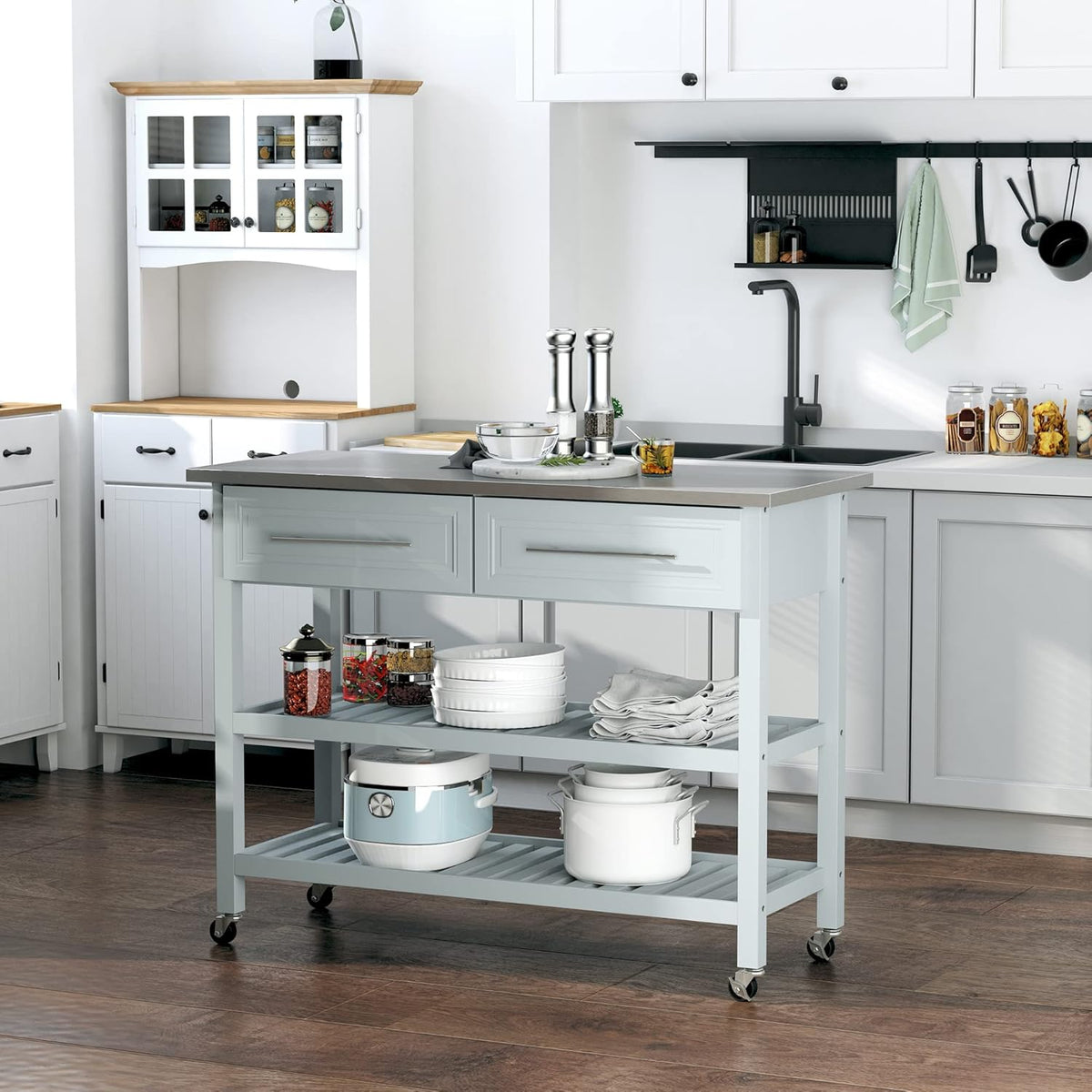 Grey Stainless Steel Top Rolling Utility Cart with Drawers and Shelves T55138
