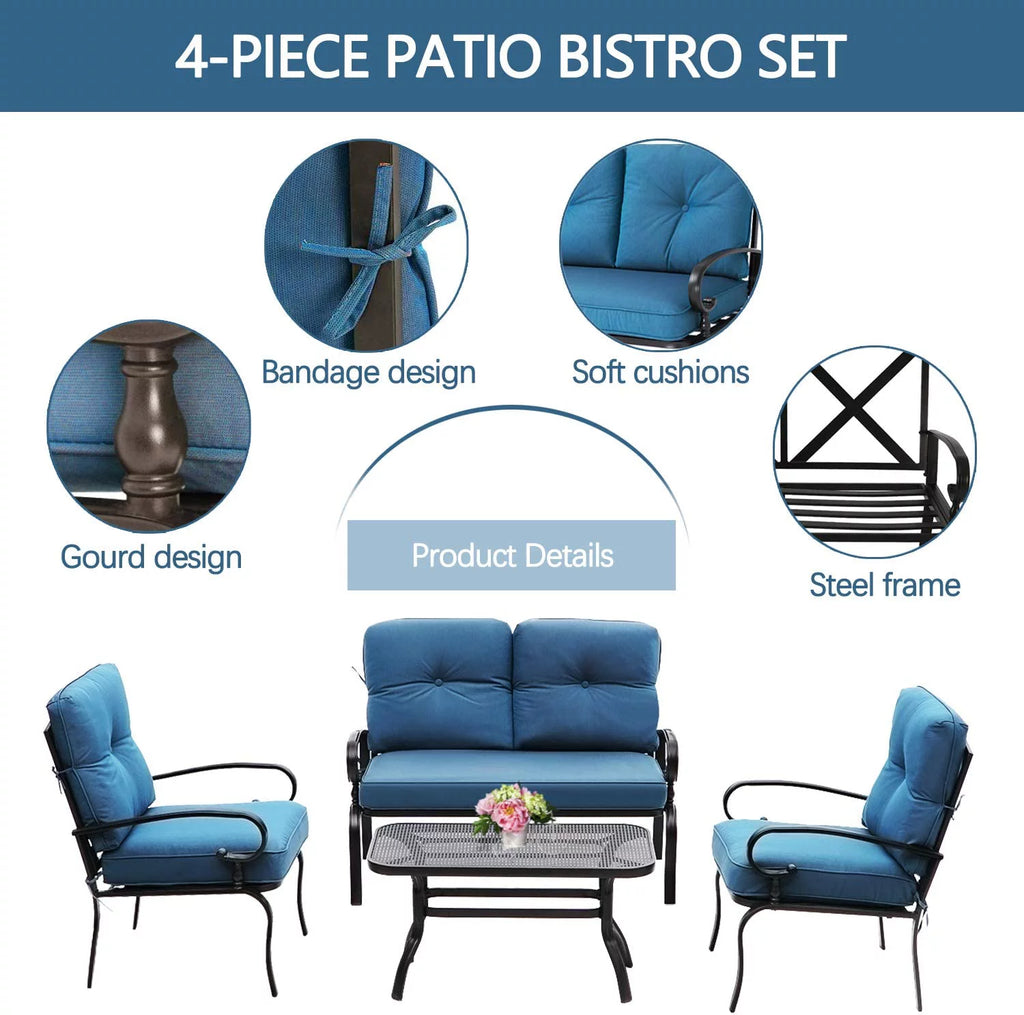 4-Piece Outdoor Furniture Conversation Set with Peacock Blue Cushions Q53515