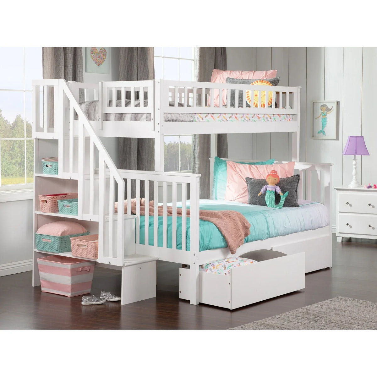 Wood Bunk Bed Twin over Full with 2 Drawers in White R144