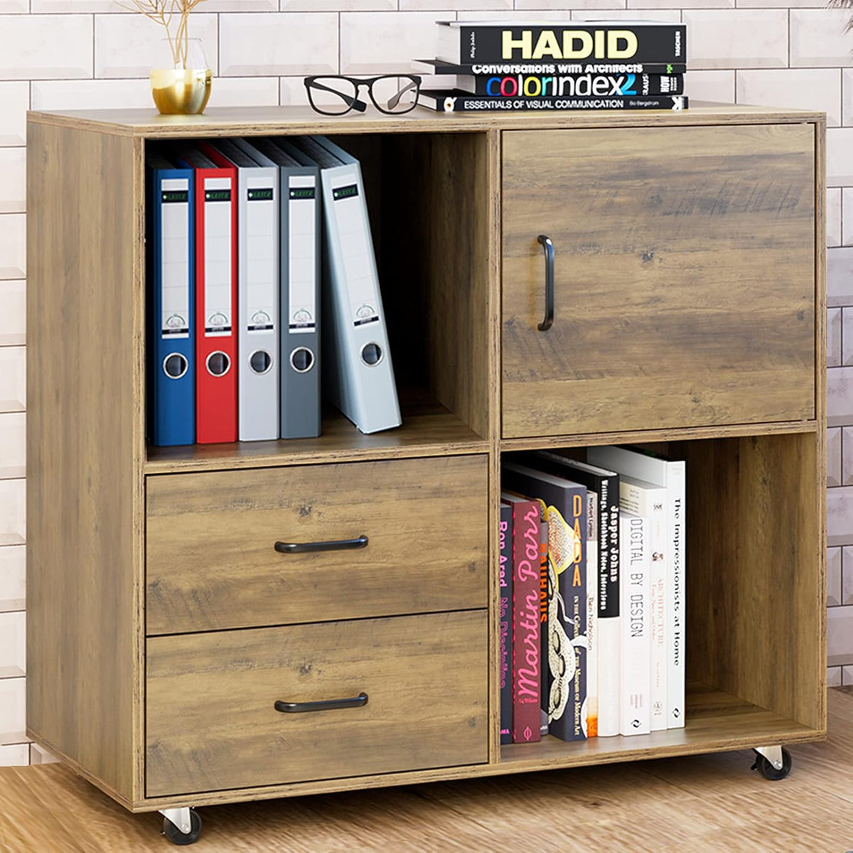 Rustic Brown 2 Drawer Wood Lateral Filing Cabinet with Door and Open Storage Shelves T4631