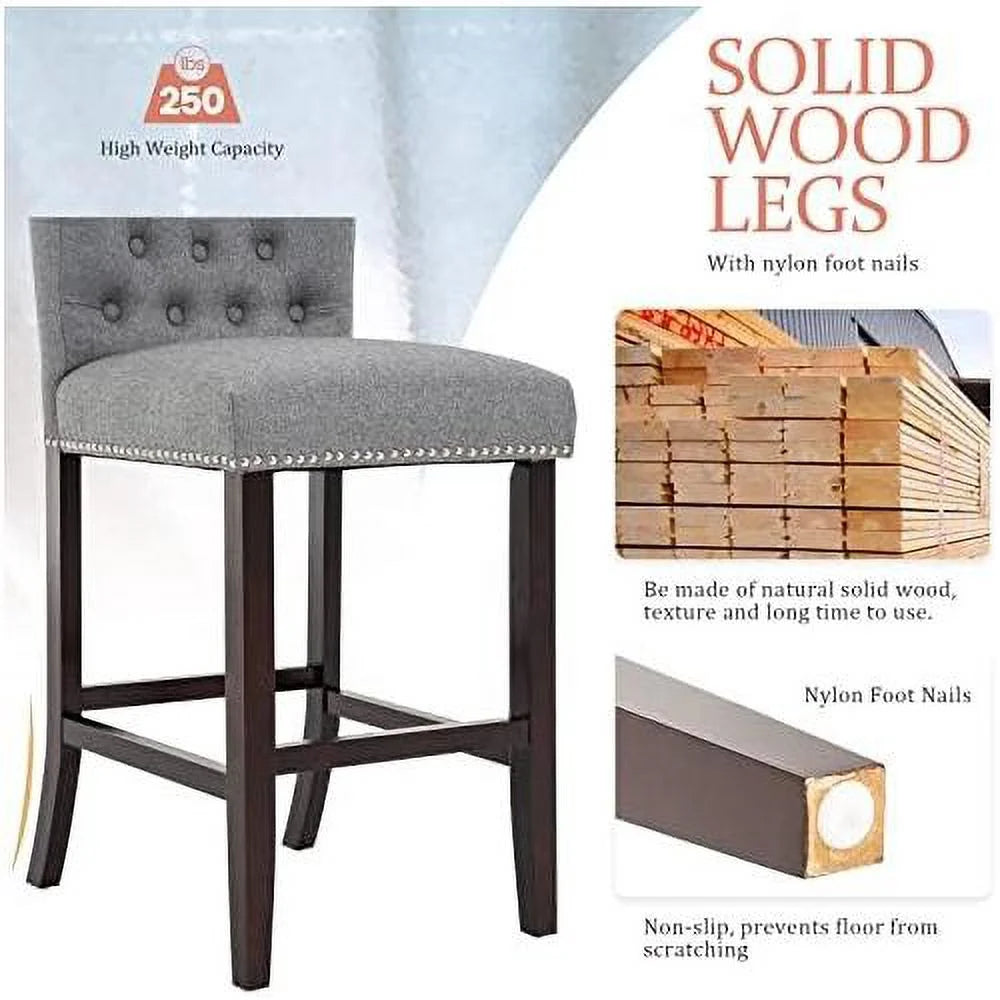 Linen Fabric Button Tufted Bar Stool with Back Solid Wood Legs D22451