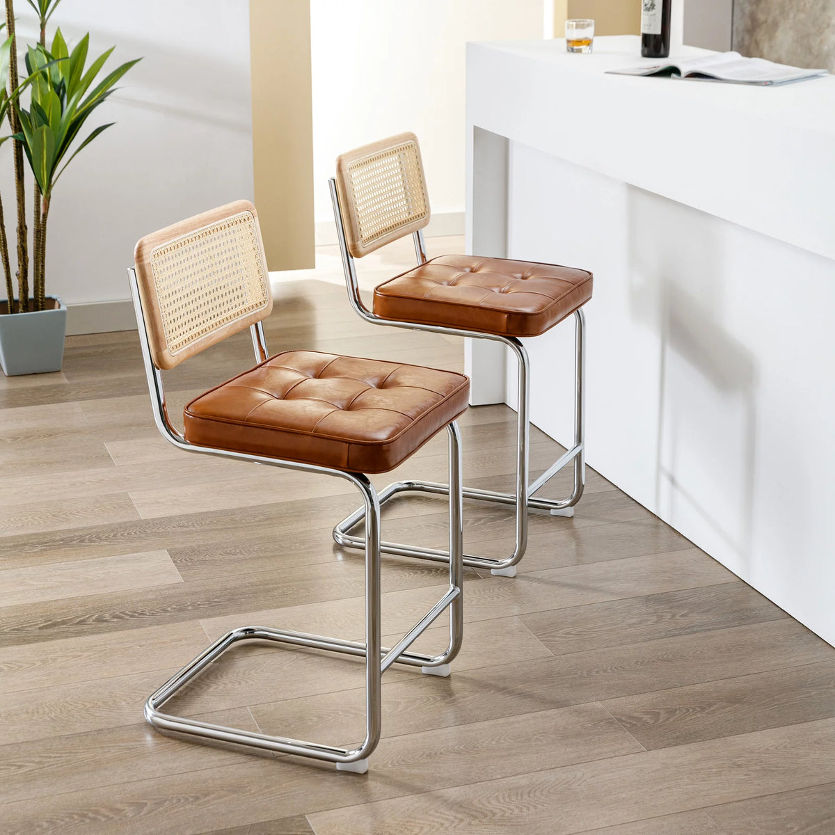 23.6 Inch Rattan Upholstered Bar Stools Set of 2 W2810