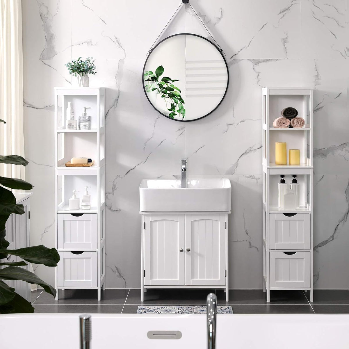 White Tall Cabinet with 2 Drawers and 3 Open Shelves F45009