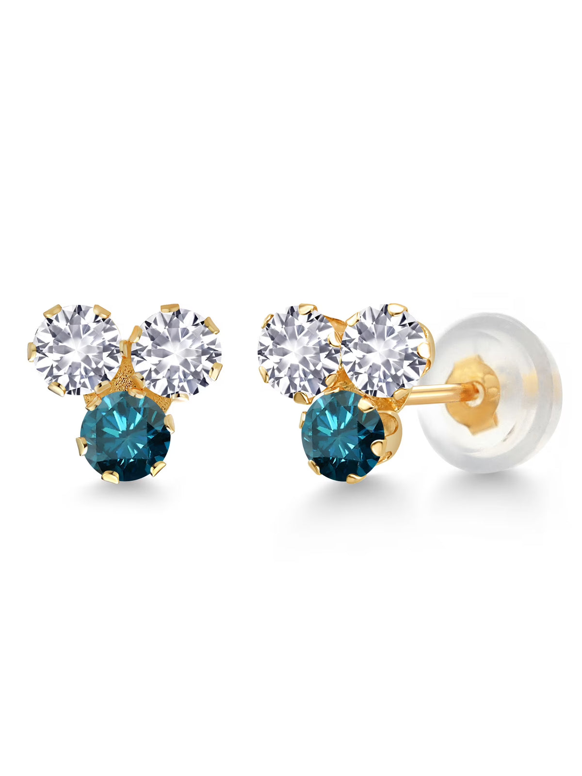 14K Yellow Gold White Created Sapphire and Blue Diamond Three Stone Stud Earrings M779896
