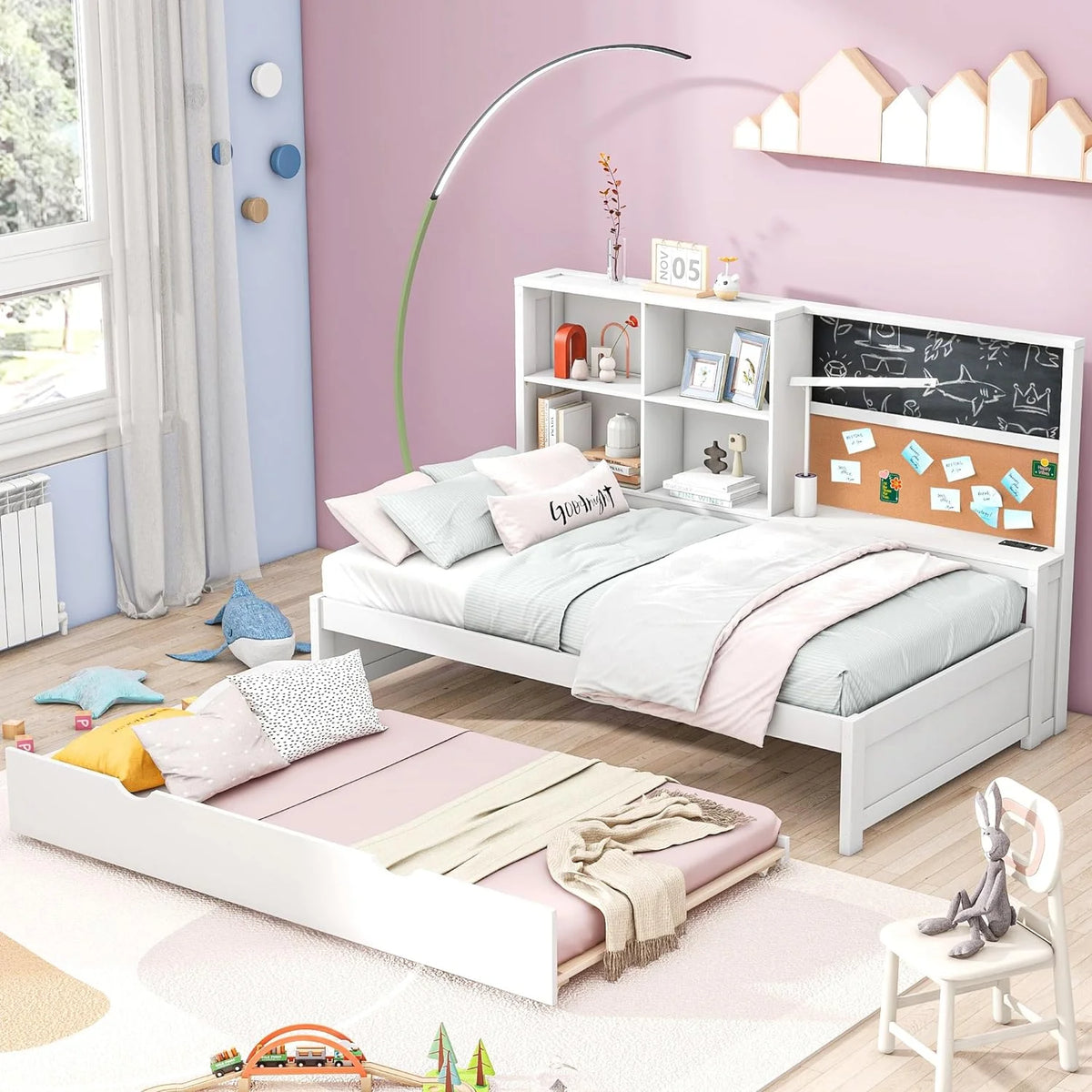 White Wood Daybed with Trundle, Storage Shelves and USB Ports K999