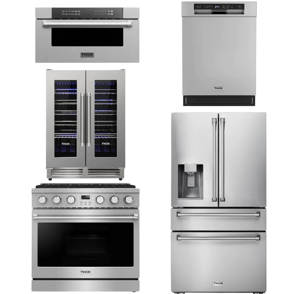 36 Gas Range, Refrigerator, Dishwasher, Microwave and Wine Cooler D408