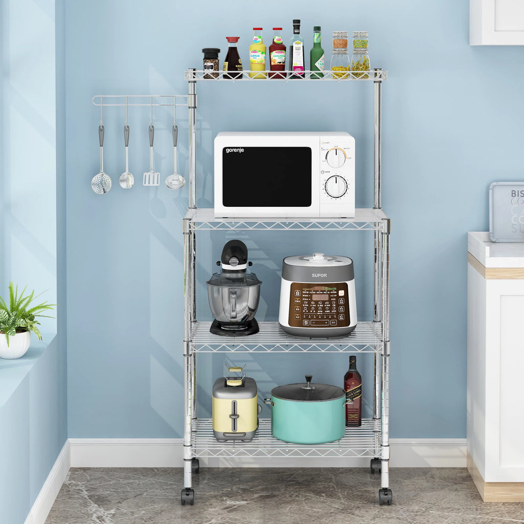 4-Tier Chrome Kitchen Storage Rack with Hanging Hooks U6796