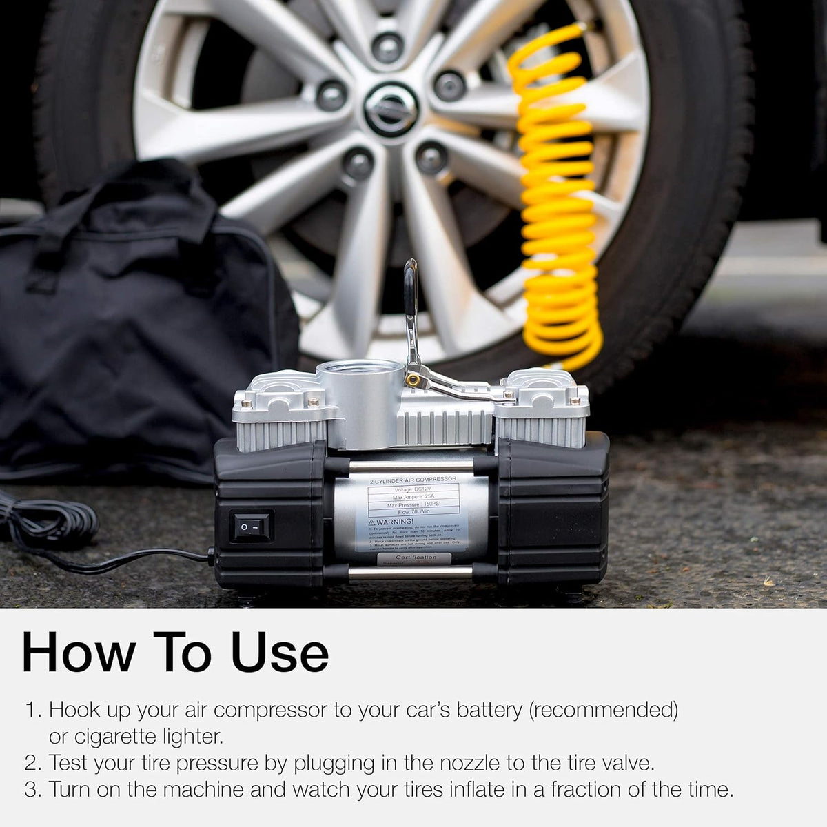 Portable Double Cylinder 150 PSI Air Compressor Tire Inflator, 12V, Pack of 2 Z102