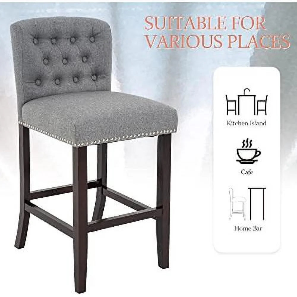 Linen Fabric Button Tufted Bar Stool with Back Solid Wood Legs D22451
