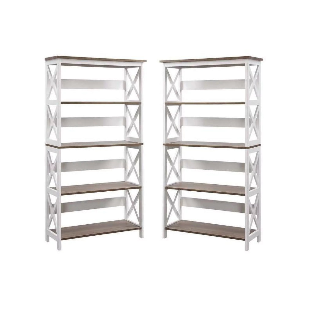 White 5 Tier Wood Bookcase Set of 2 X970
