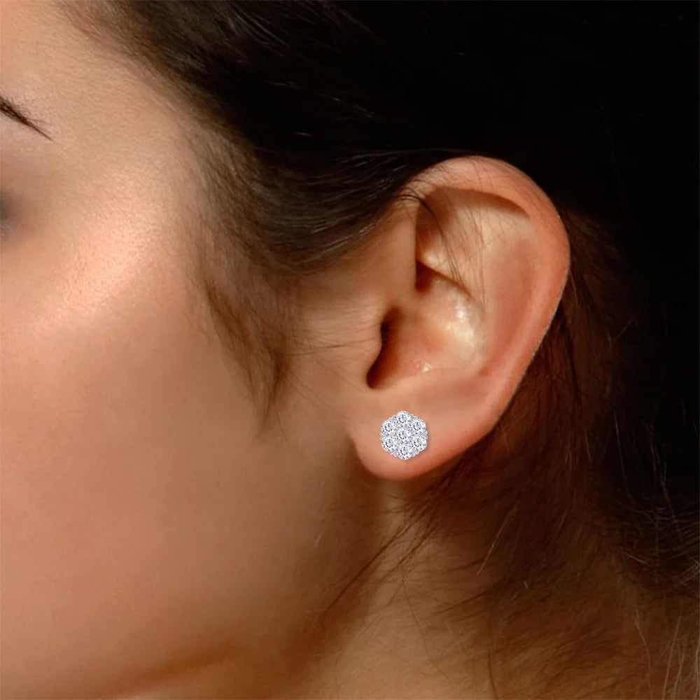 1 Carat Round Cut Lab Created Moissanite Flower Cluster Stud Earrings In 14K White Gold Over Sterling Silver With Screw Back H96160