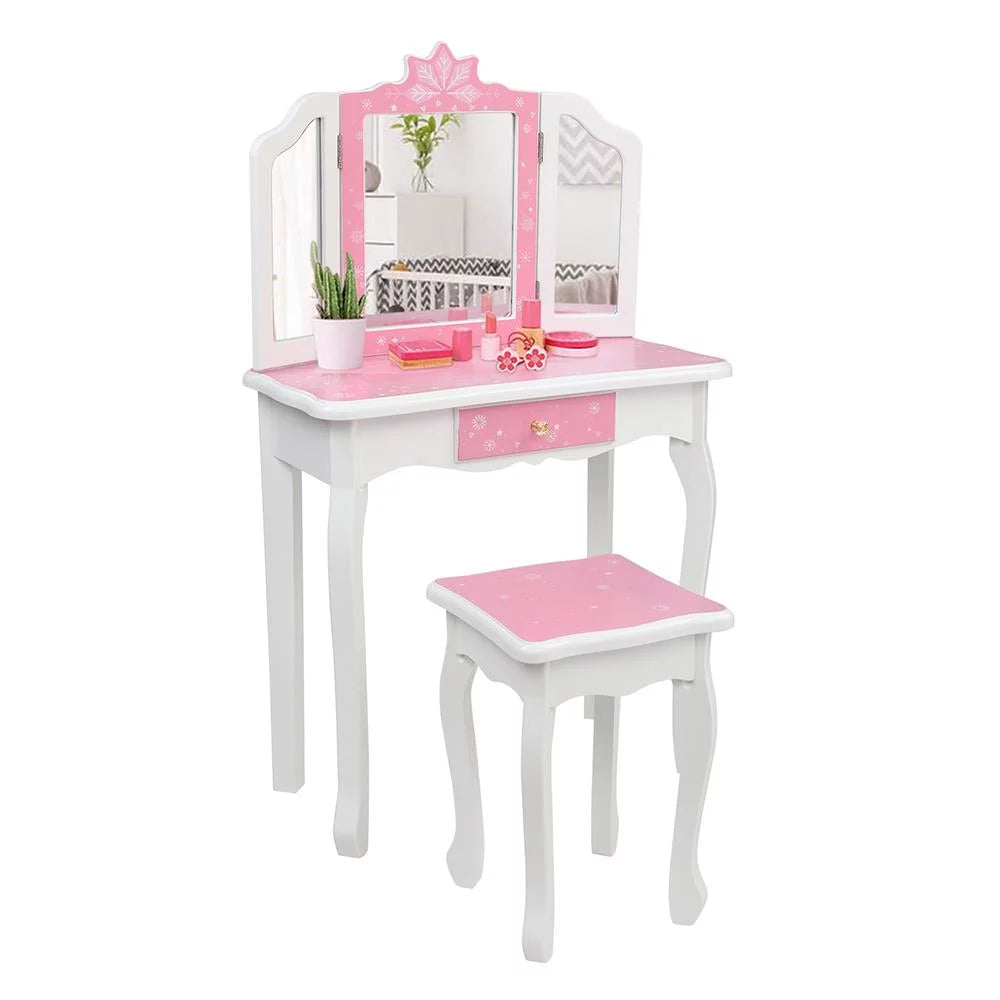 Kids Vanity Table and Chair Set with Mirror and Drawer W131