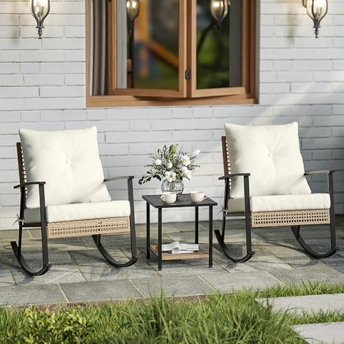 3 Piece Oversize Rattan Patio Rocking Chair Set with Coffee Table S54486