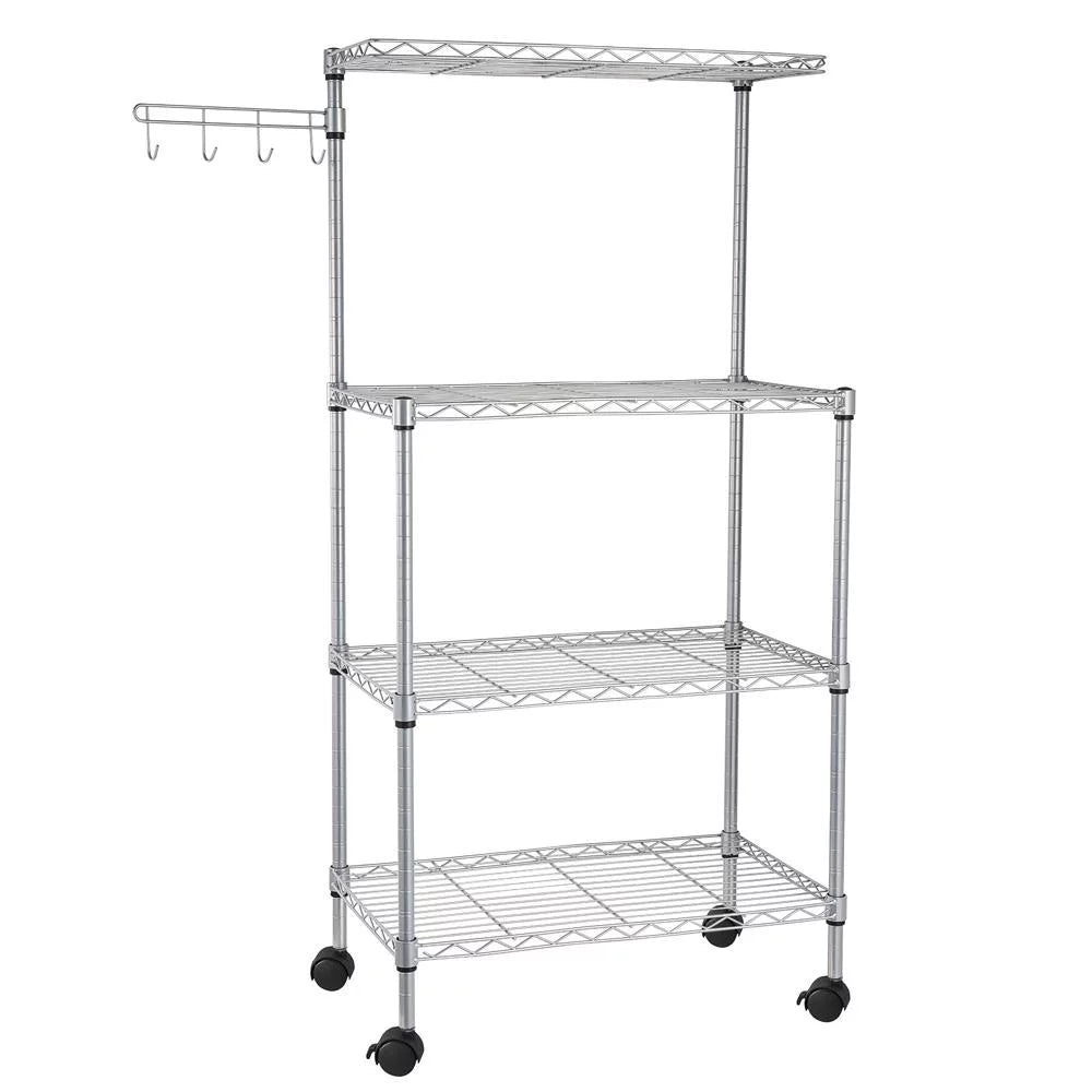 4-Tier Chrome Kitchen Storage Rack with Hanging Hooks U6796