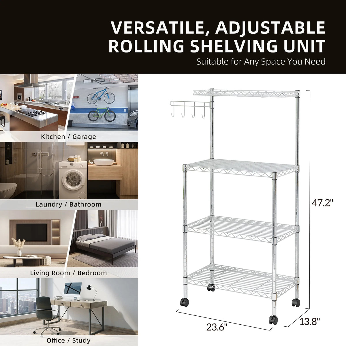 4-Tier Chrome Kitchen Storage Rack with Hanging Hooks U6796