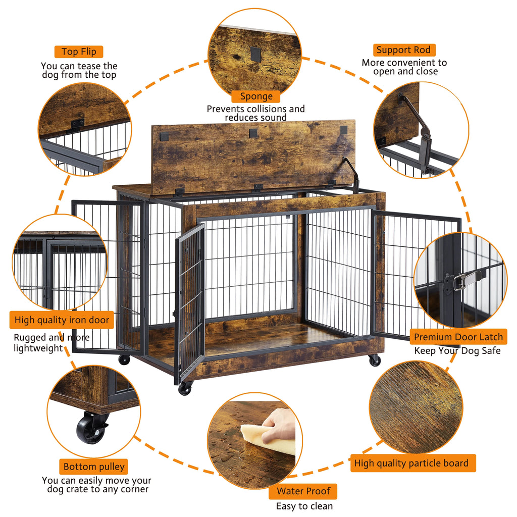 Wooden Dog Crate with Double Doors and Lift Top B13092