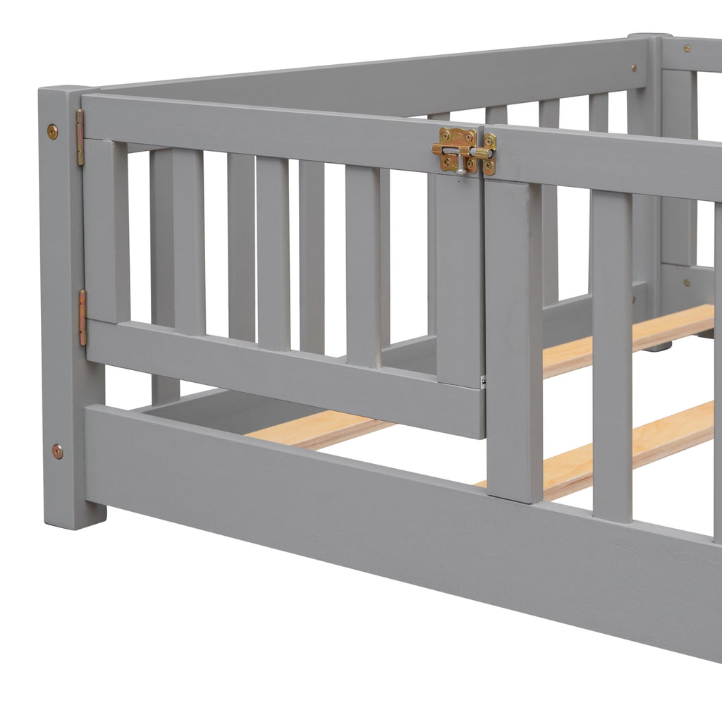 Twin Size Solid Wood Floor Platform Bed with Fence and Door X134