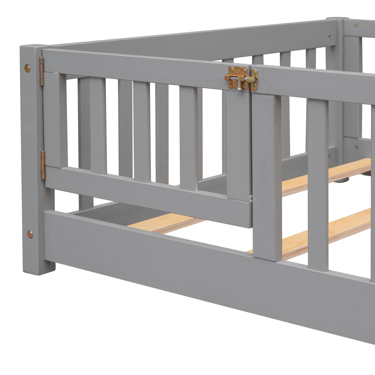 Twin Size Solid Wood Floor Platform Bed with Fence and Door X134