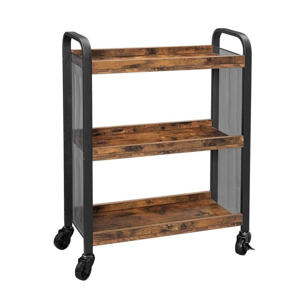 3 Tier Wood and Metal Kitchen Cart with Mesh Side Panel, Brown and Black Y75815