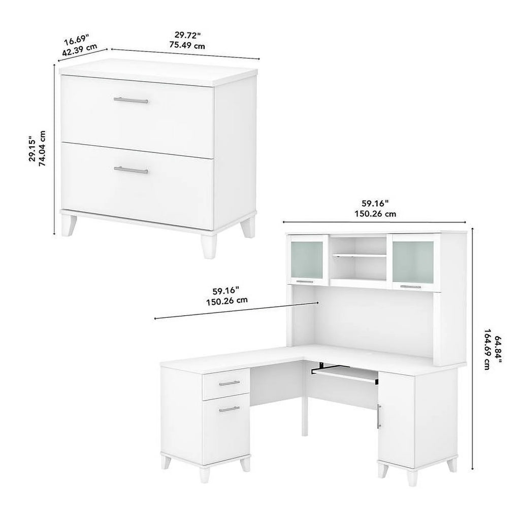 White L Shaped Desk with Hutch & File Cabinet A16681