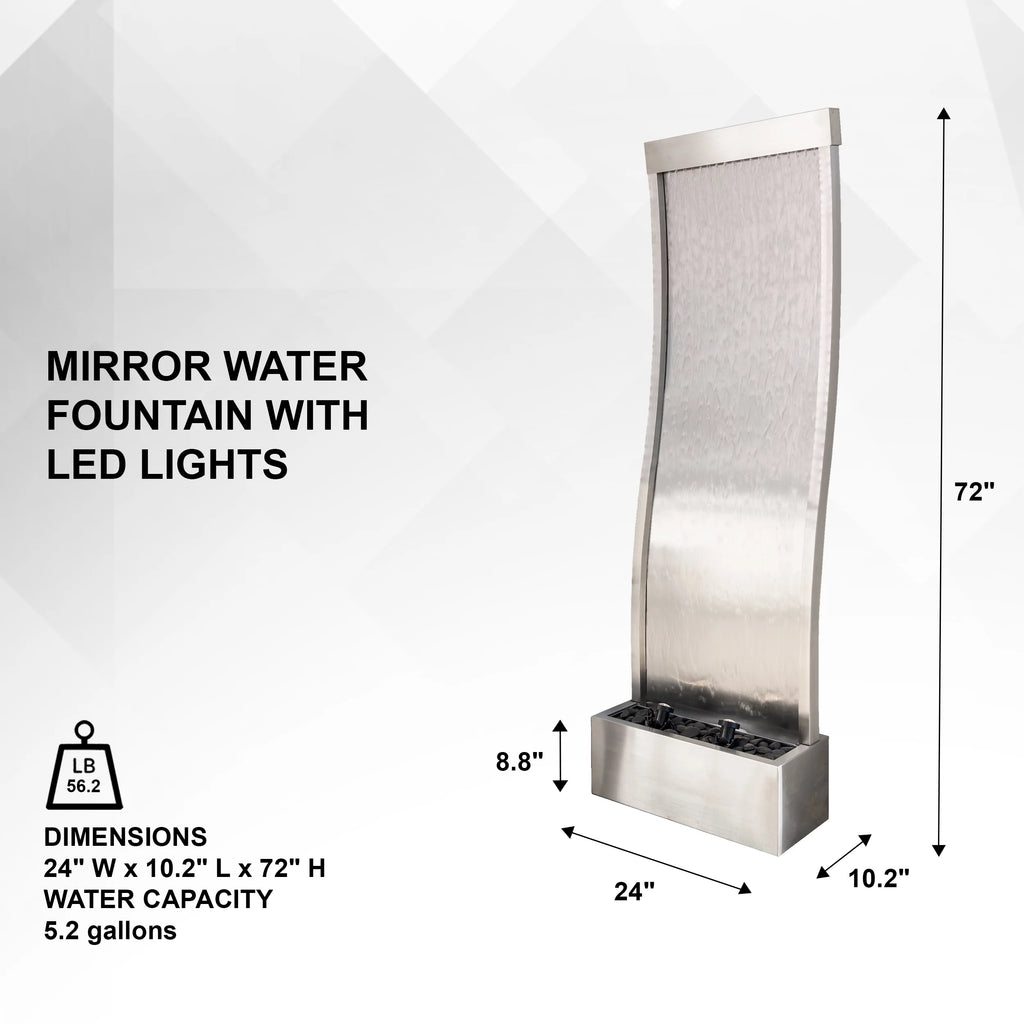 72" Steel Glass Mirror Fountain with Pump LED Lights and Rocks D280463